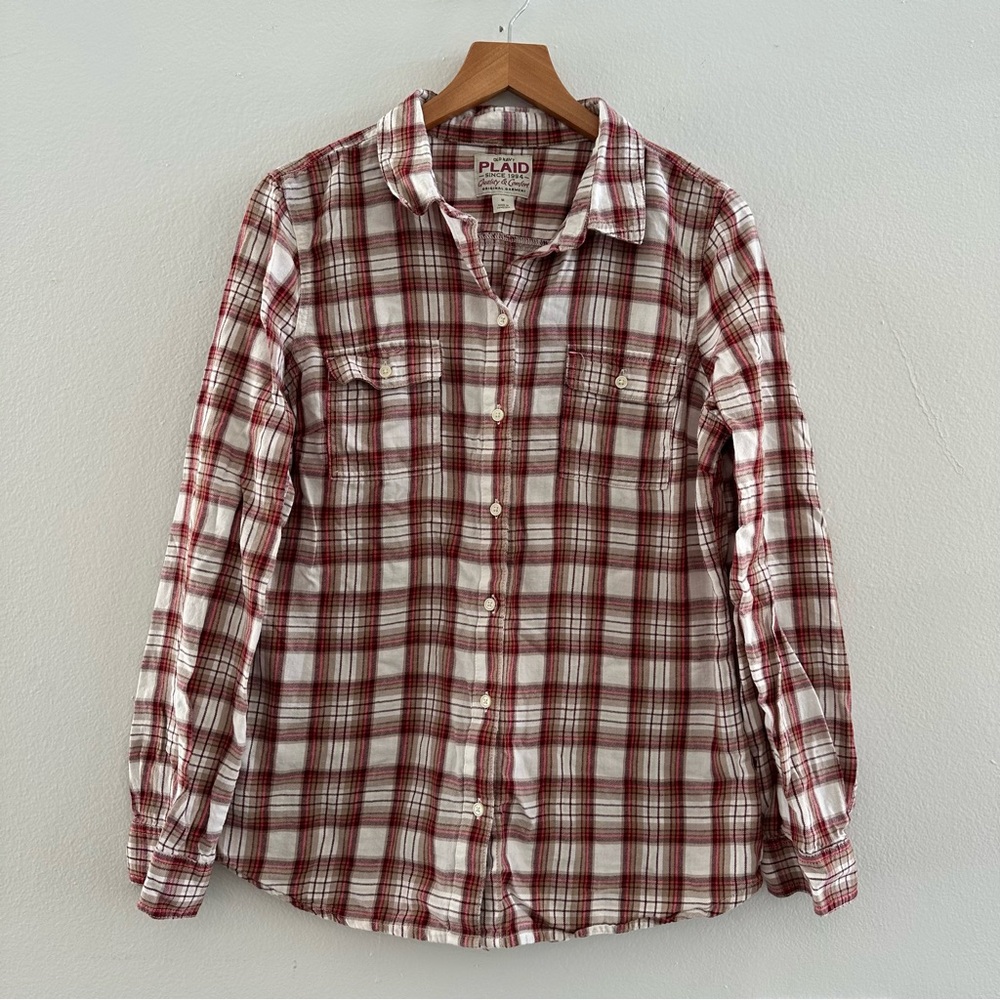 Y2K Old Navy Red, Beige, White Plaid Long Sleeve Button Up Flannel Shirt, Medium